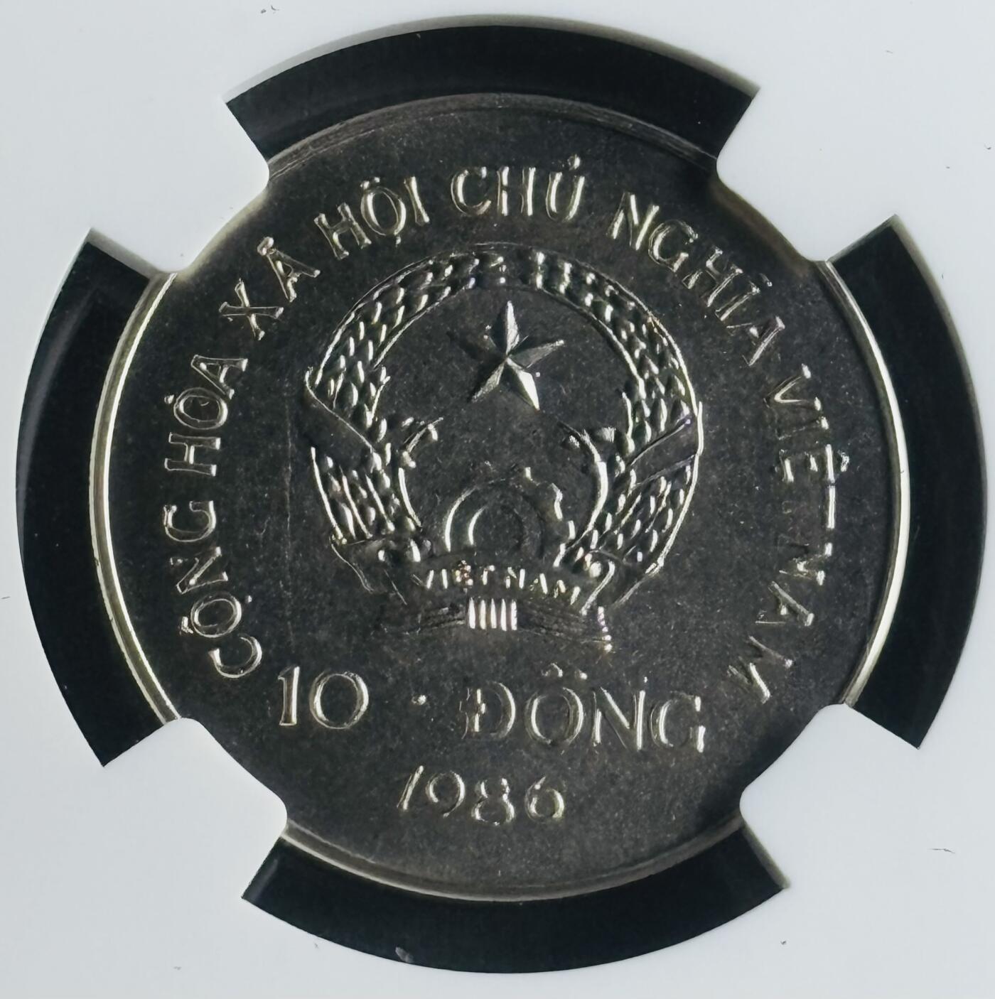 文馨钱币收藏第 283 场，【大雪鉴珍，寒英缀金】金银纪念币精品场，诚邀您的参与【长期接代拍品】 稀少 1986 年越南大象 10 盾纪念币，NGC 评级 MS68 分