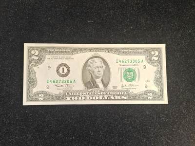 美国纸币 2003年 (稀少首发正年份版 无A版）2美元 I区 首发A冠  全新UNC 单价  - 美国纸币 2003年 (稀少首发正年份版 无A版）2美元 I区 首发A冠  全新UNC 单价 