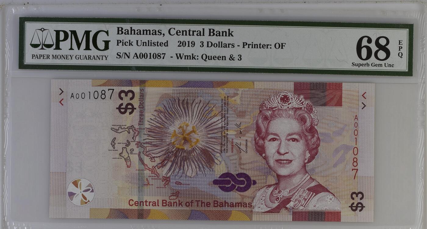 《艾美收藏》第222期-11.30周日外币畅拍 巴哈马2019年首发A冠3元PMG68E高分千位1087号 女王钞
