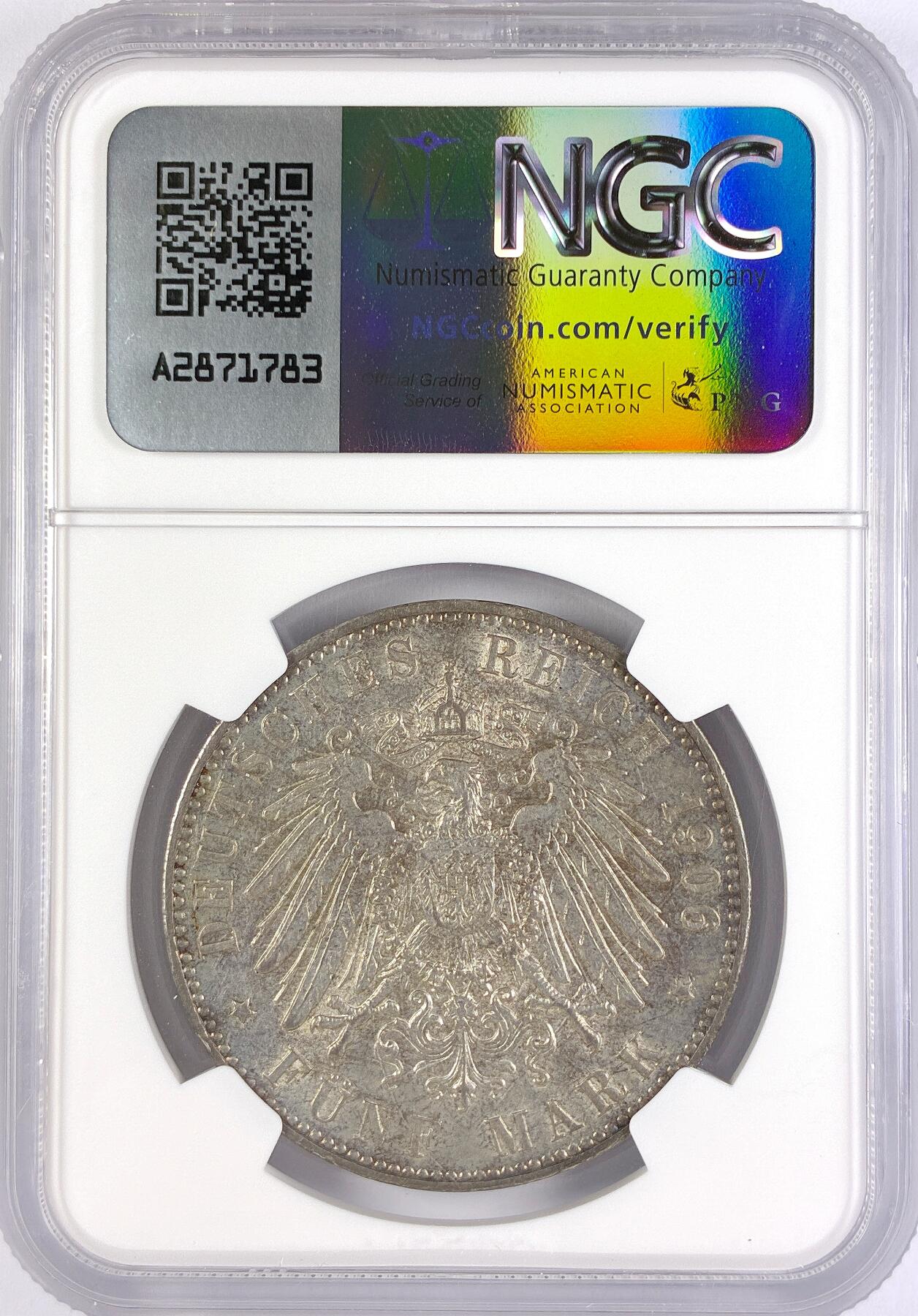 【雨安】【直播拍卖】【世界币章117期-评级币】2025-11-29 周六 19:30 保真 [评级德国] Germany 德国 帝国 J.060 不莱梅 5马克 1906年  NGC-MS61 名誉品种