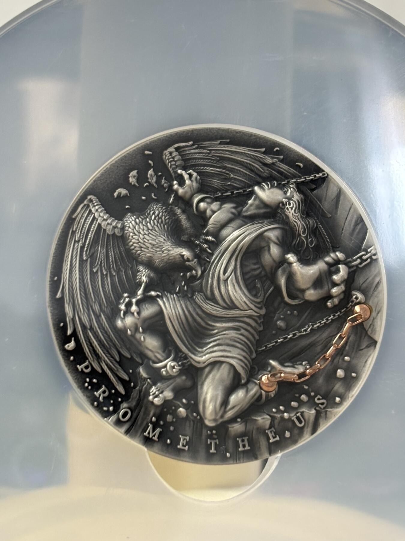 第183期拍卖 纽埃2019希腊神话系列普罗米修斯2盎司镀金银币NGC-MS70首无盒无证书，999银，发行500枚