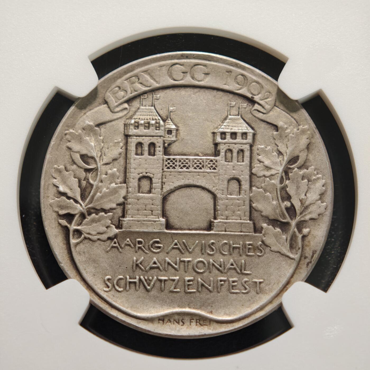 【德藏】世界币章拍卖第155期（拍品征集中~欢迎藏友联系） 1902年 瑞士布鲁格射击节纪念银章 NGC MS64 磨砂质感 状态极佳