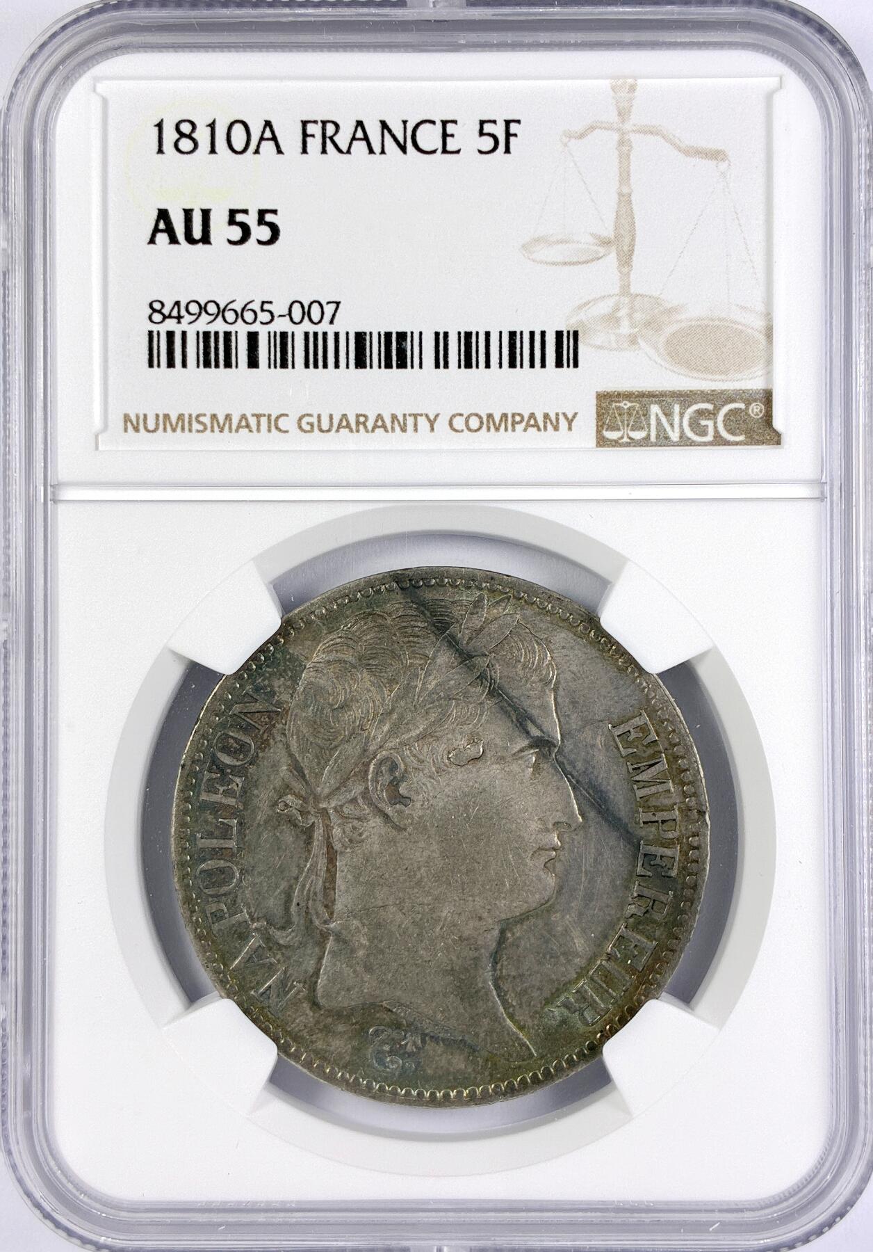 【雨安】【直播拍卖】【世界币章117期-评级币】2025-11-29 周六 19:30 保真 [评级法国] France 法国 5法郎 KM#0694 (1809-1814) 拿破仑一世 1810年  NGC-AU55 原味淡彩包浆