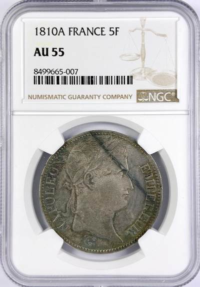 【雨安】【直播拍卖】【世界币章117期-评级币】2025-11-29 周六 19:30 保真 - [评级法国] France 法国 5法郎 KM#0694 (1809-1814) 拿破仑一世 1810年  NGC-AU55 原味淡彩包浆