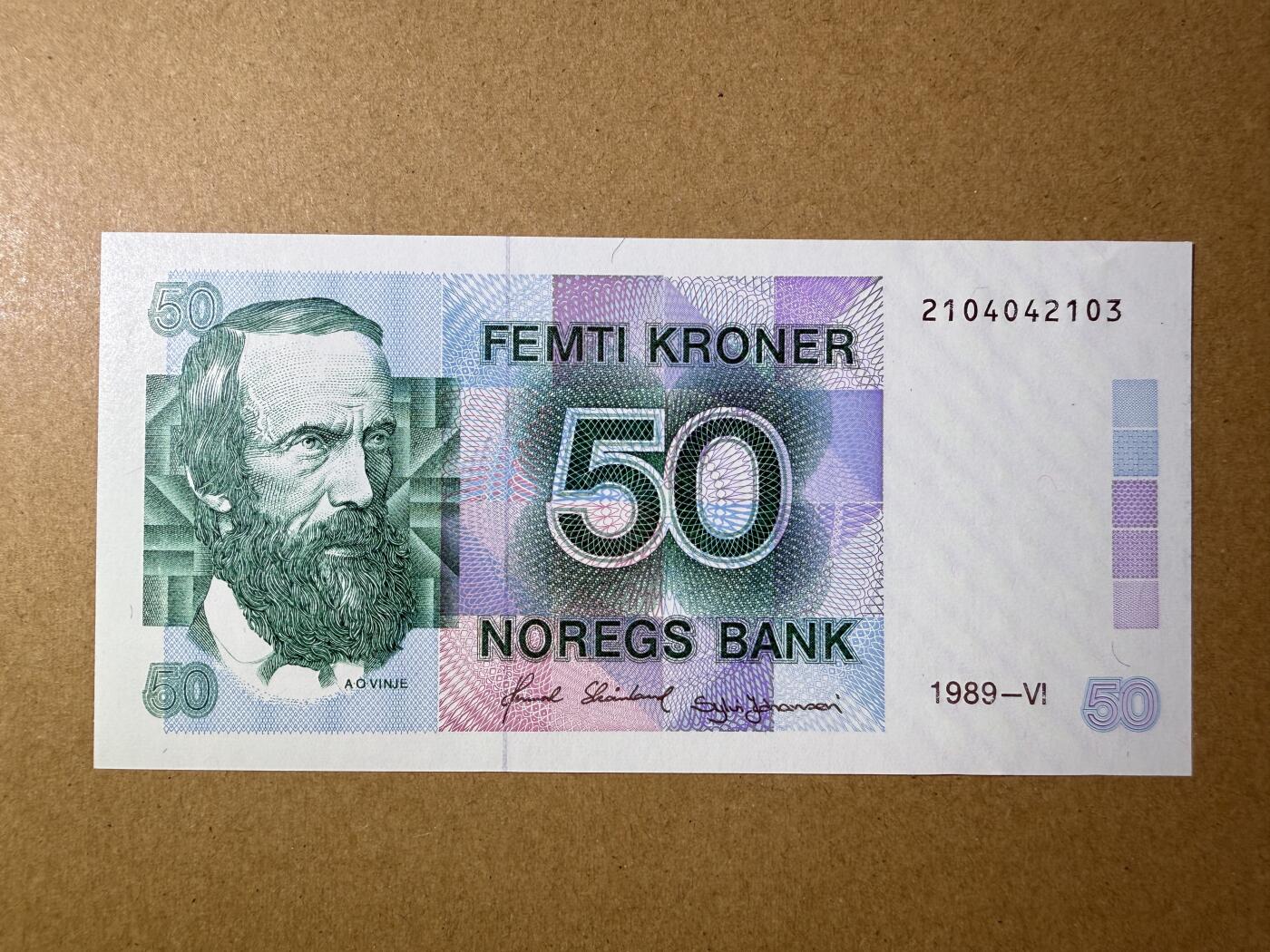 《艾美收藏》第222期-11.30周日外币畅拍 挪威50克朗 UNC 1989年 挪威诗人文耶