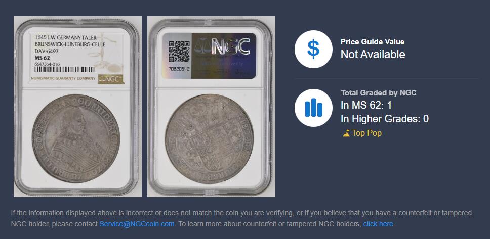 【雨安】【直播拍卖】【世界币章117期-评级币】2025-11-29 周六 19:30 保真 [评级德国] Germany 德国 德意志 1泰勒 Braunschweig-Luneburg-Celle不伦瑞克 DAV-6497 1645年  NGC-MS62 罕见品种 出分仅2枚 唯一MS评级 唯一冠军分