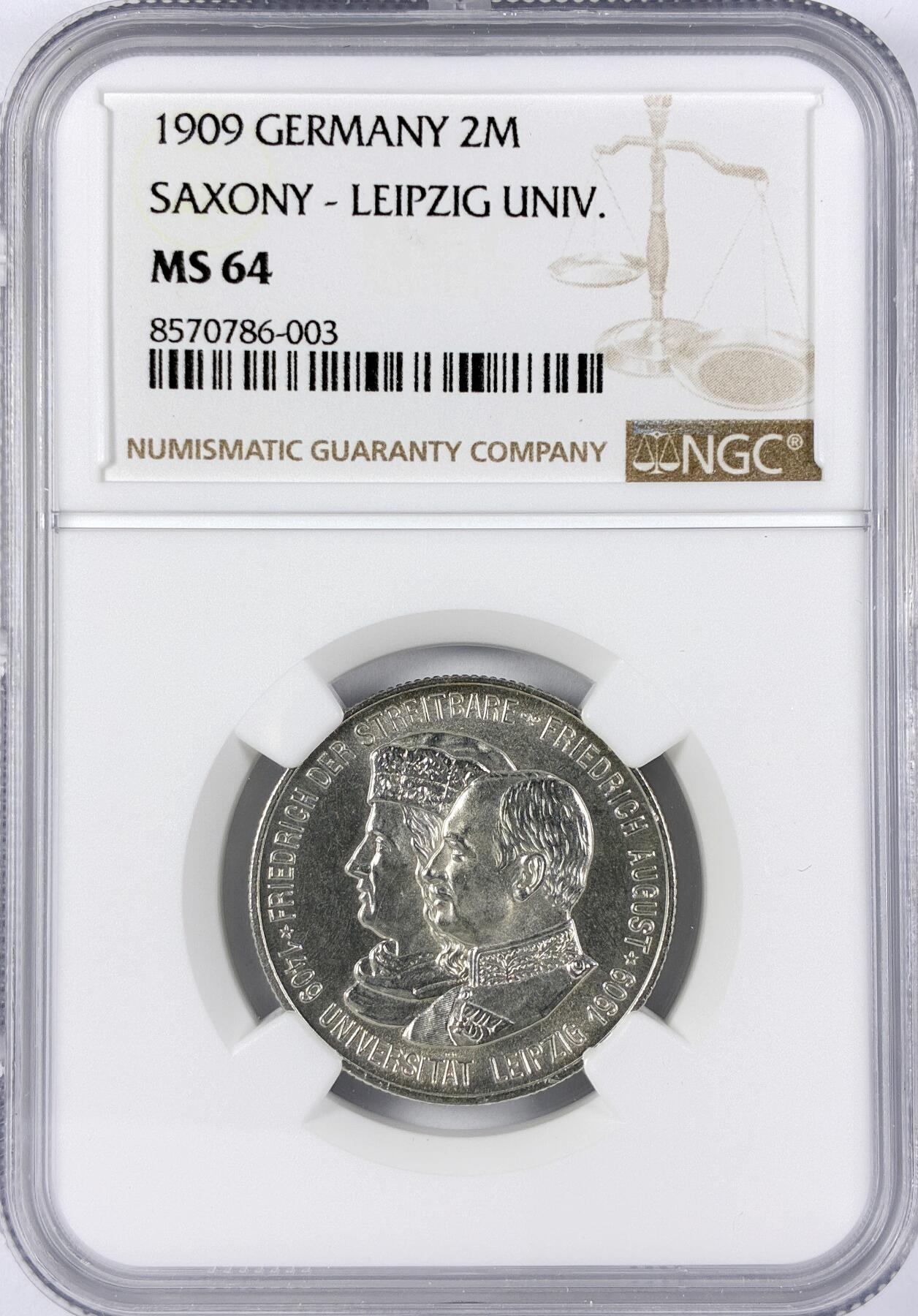 【雨安】【直播拍卖】【世界币章117期-评级币】2025-11-29 周六 19:30 保真 [评级德国] Germany 德国 帝国 萨克森 2马克 (1909) 莱比锡大学 1909年  NGC-MS64