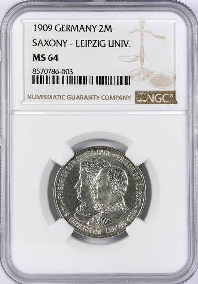 【雨安】【直播拍卖】【世界币章117期-评级币】2025-11-29 周六 19:30 保真 - [评级德国] Germany 德国 帝国 萨克森 2马克 (1909) 莱比锡大学 1909年  NGC-MS64
