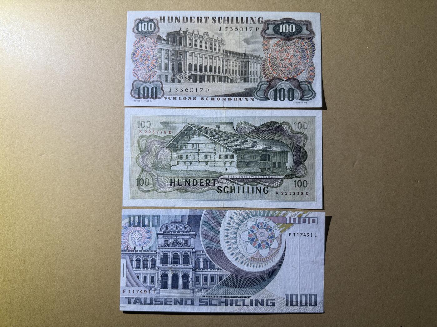 《艾美收藏》第222期-11.30周日外币畅拍 奥地利100、1000先令3张 不同年份版本 流通品相
