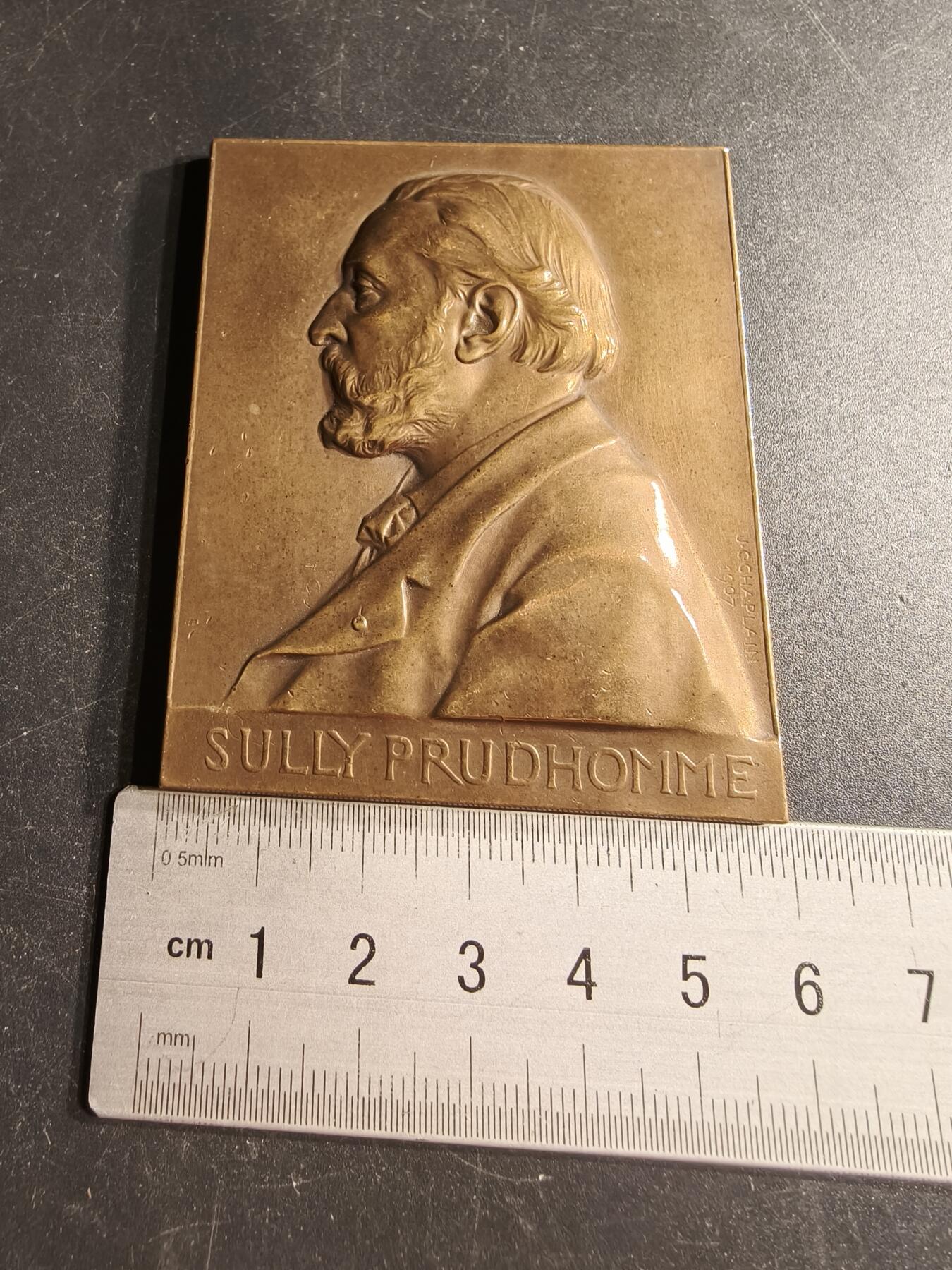 老王徽章第166期 法国著名诗人、散文家苏利•普鲁多姆成为法兰西学院院士25周年方形大铜章     大师夏普兰作品     尺寸71×57mm.    重量150g