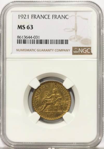博洋堂世界钱币拍卖第149期（全场包邮） - NGC MS63 法国1921年1法郎铜币，商会版，相对少见的品种，一战之后法国政府铸币不足，委托法国商会代铸的1法郎
