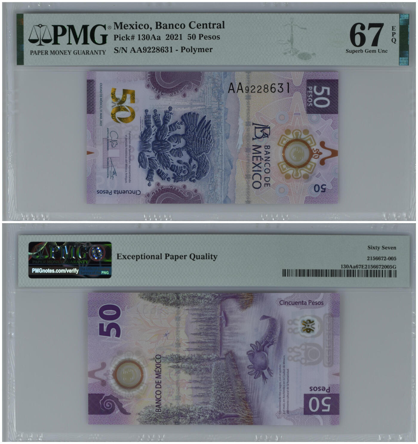 《艾美收藏》第222期-11.30周日外币畅拍 (5张全部签名大全套)墨西哥2021年首发AA冠50比索PMG67E无47 获奖钞 六角恐龙 一步到位