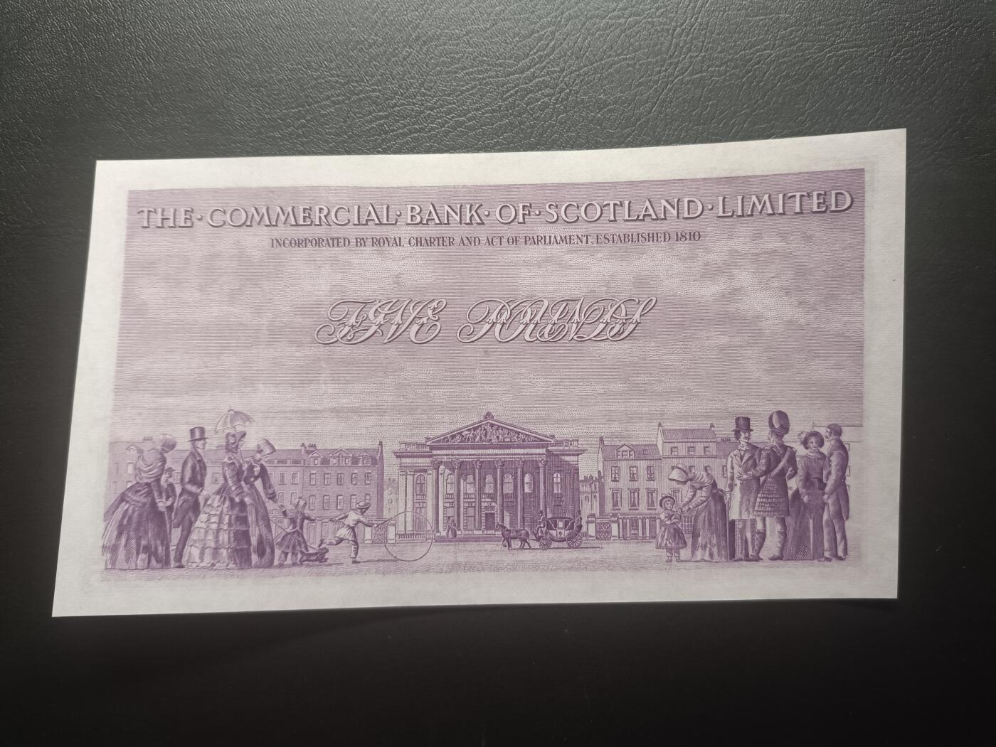 2025十一月第七期，总205期 苏格兰国家商业银行1955年5镑AUNC，银行创始人和银行19世纪的图景，稀有早期紫色版本