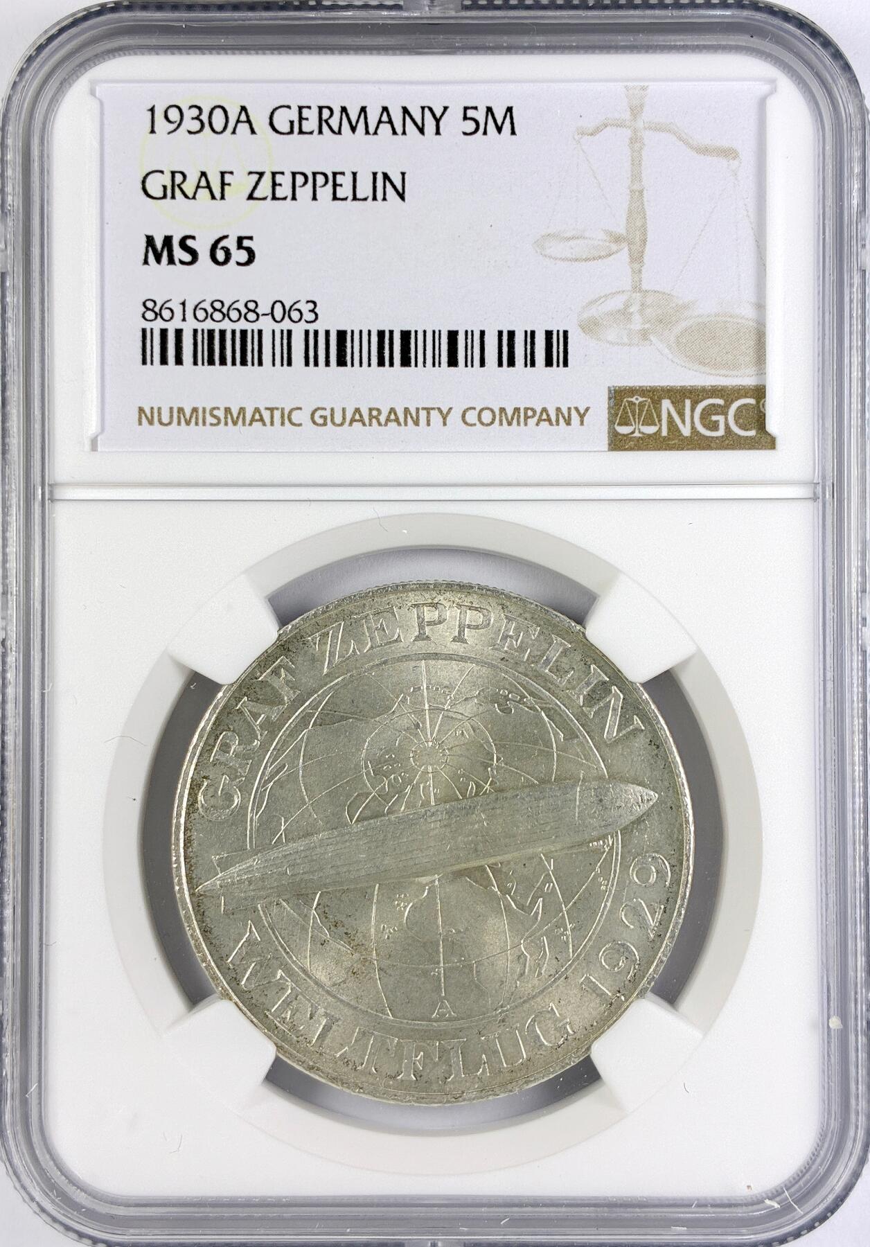 【雨安】【直播拍卖】【世界币章117期-评级币】2025-11-29 周六 19:30 保真 [评级德国] Germany 德国 魏玛 5马克 KM#68 飞艇 1930年  NGC-MS65