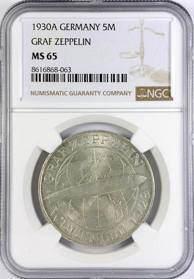 【雨安】【直播拍卖】【世界币章117期-评级币】2025-11-29 周六 19:30 保真 - [评级德国] Germany 德国 魏玛 5马克 KM#68 飞艇 1930年  NGC-MS65