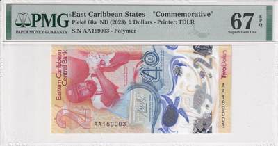 【礼羽收藏】🌏世界钱币拍卖第114期 - 【PMG67】【AA首冠】美洲 东加勒比 2023年 中央银行成立40周年 纪念钞