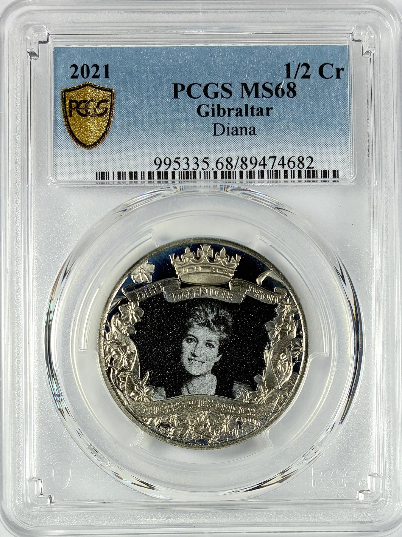 【雨安】【直播拍卖】【世界币章117期-评级币】2025-11-29 周六 19:30 保真 [评级现代] Gibraltar 直布罗陀 1/2克朗 2021年 戴安娜  PCGS-MS68