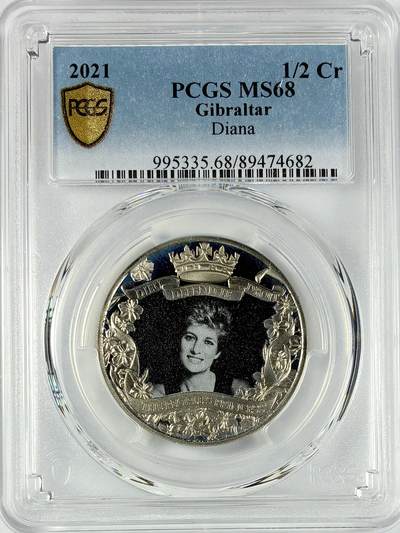 【雨安】【直播拍卖】【世界币章117期-评级币】2025-11-29 周六 19:30 保真 - [评级现代] Gibraltar 直布罗陀 1/2克朗 2021年 戴安娜  PCGS-MS68