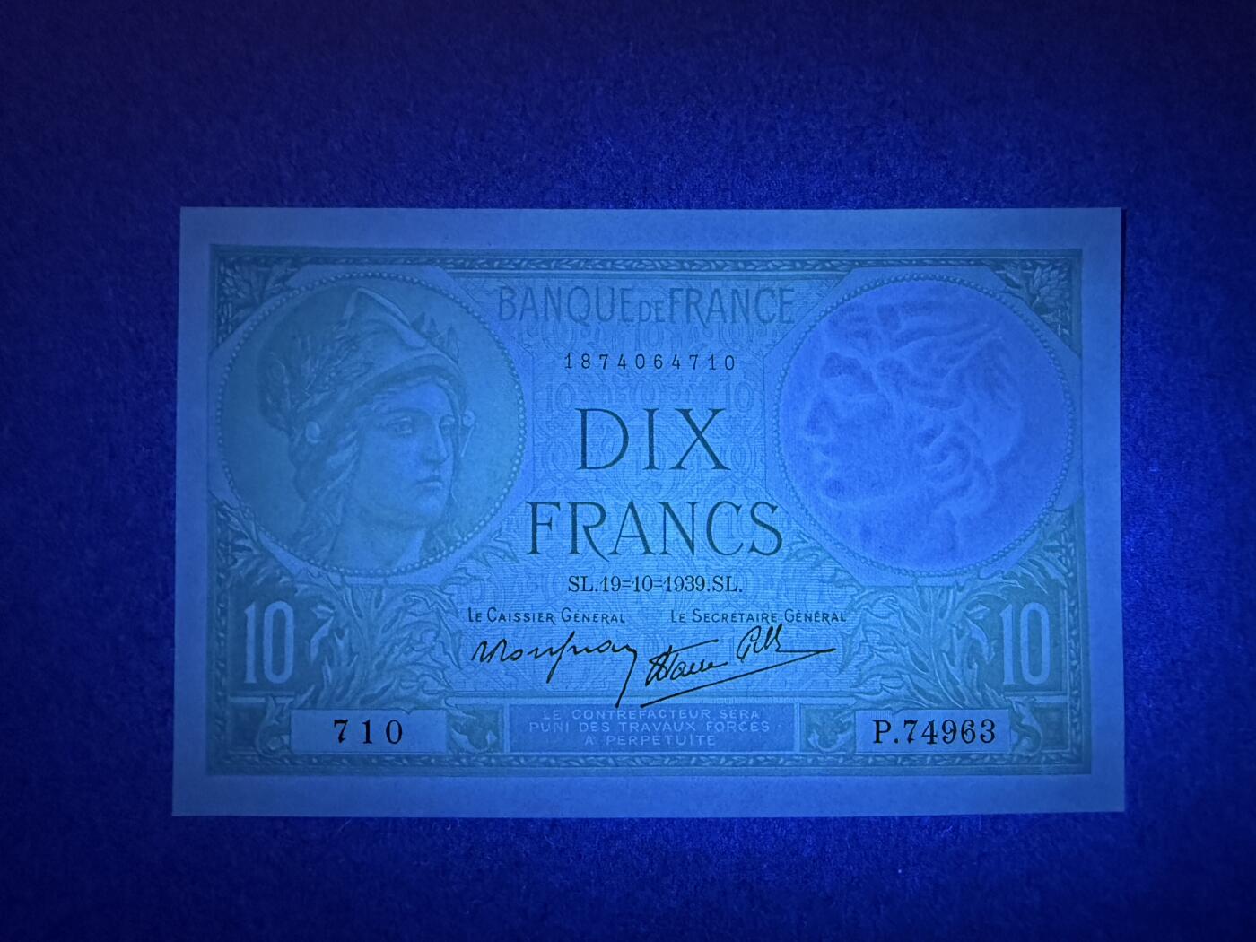 《艾美收藏》第222期-11.30周日外币畅拍 法国10法郎 UNC 1939年 罗马神话中的智慧女神弥涅耳瓦