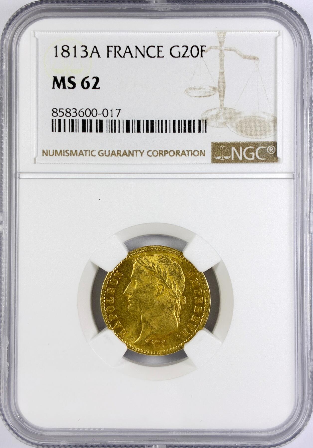 【雨安】【直播拍卖】【世界币章117期-评级币】2025-11-29 周六 19:30 保真 [金币] France 法国 20法郎 KM#0695 (1809-1814) 拿破仑一世 1813年  NGC-MS62