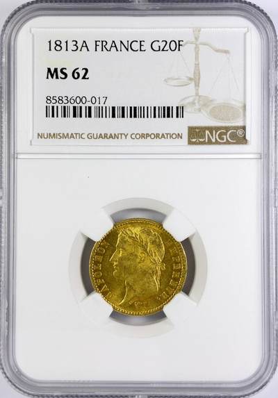 【雨安】【直播拍卖】【世界币章117期-评级币】2025-11-29 周六 19:30 保真 - [金币] France 法国 20法郎 KM#0695 (1809-1814) 拿破仑一世 1813年  NGC-MS62