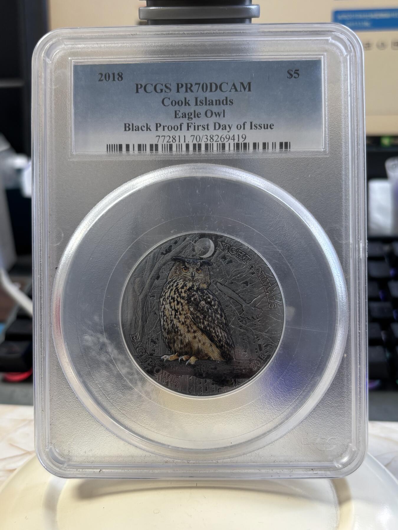 第183期拍卖 库克2018年夜行动物猫头鹰彩色纪念银币PCGS-PR70首无盒无证书，999银，发行499枚