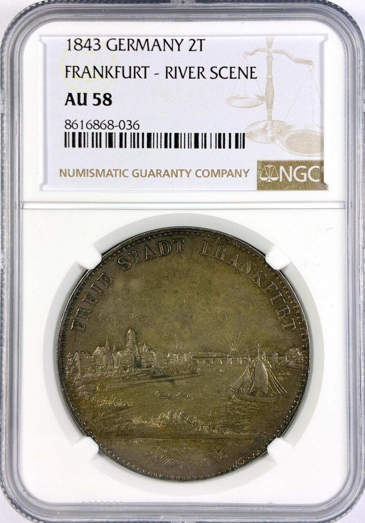 【雨安】【直播拍卖】【世界币章117期-评级币】2025-11-29 周六 19:30 保真 [评级德国] Germany 德国 德意志 2泰勒 Frankfurt法兰克福 Thun.130 KM#0326 景观泰勒 1843年  NGC-AU58 原味五彩老包浆