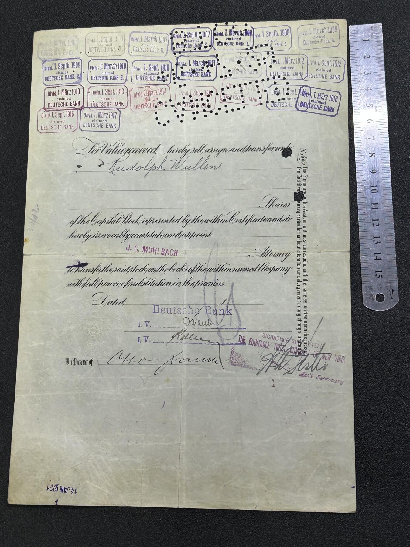 西秦中古拍卖第六十七期 美国1906年铁路公司股票 稀少德意志银行持股人 盖有帝国税戳 非常少见