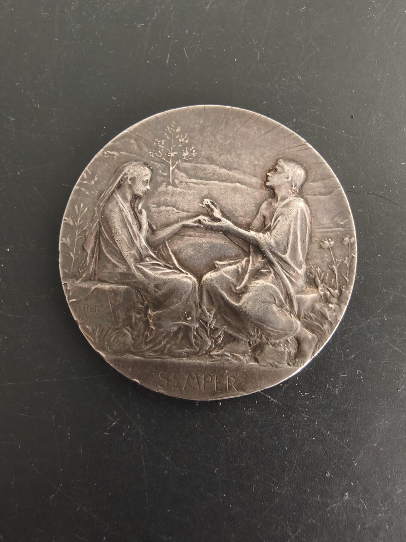 老王徽章第166期 法国大尺寸婚章    原盒    大师罗蒂版本    1919年    950银    直径42mm.    重量32.4g