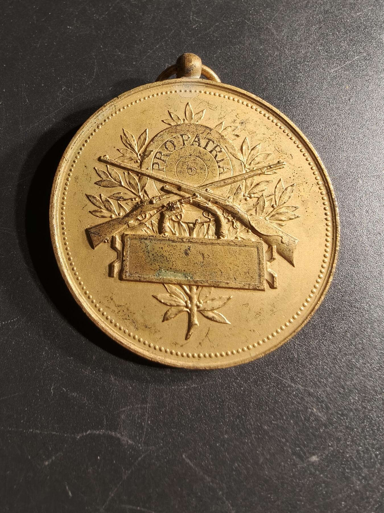 老王徽章第166期 法国射击联盟镀金铜奖章     直径50mm.    重量51.2g