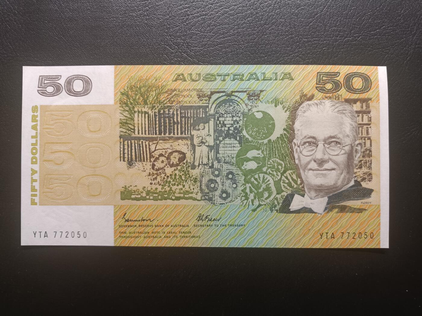 2025十一月第七期，总205期 澳大利亚1985年50元UNC-，病理学家弗洛勒伊和生物学家罗斯