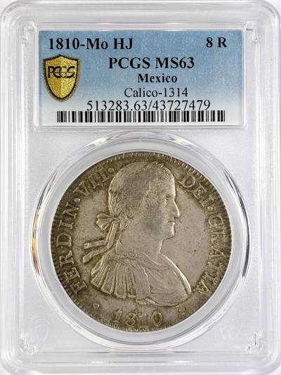 【雨安】【直播拍卖】【世界币章117期-评级币】2025-11-29 周六 19:30 保真 - [评级美洲] Spanish Mexico 西属墨西哥 8里亚尔 斐迪南七世 双柱 1810年  PCGS-MS63