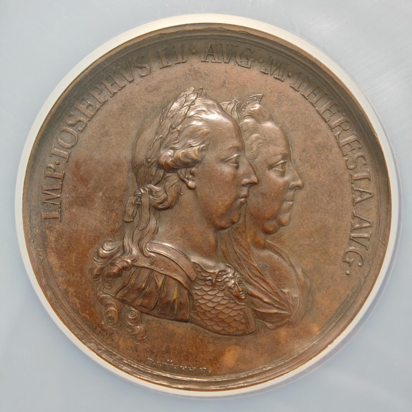 【德藏】世界币章拍卖第155期（拍品征集中~欢迎藏友联系） 1769年 匈牙利改善特兰西瓦尼亚的农业、采矿和贸易57mm纪念高浮雕大铜章 NGC MS61BN 包浆温润 人物刻画传神