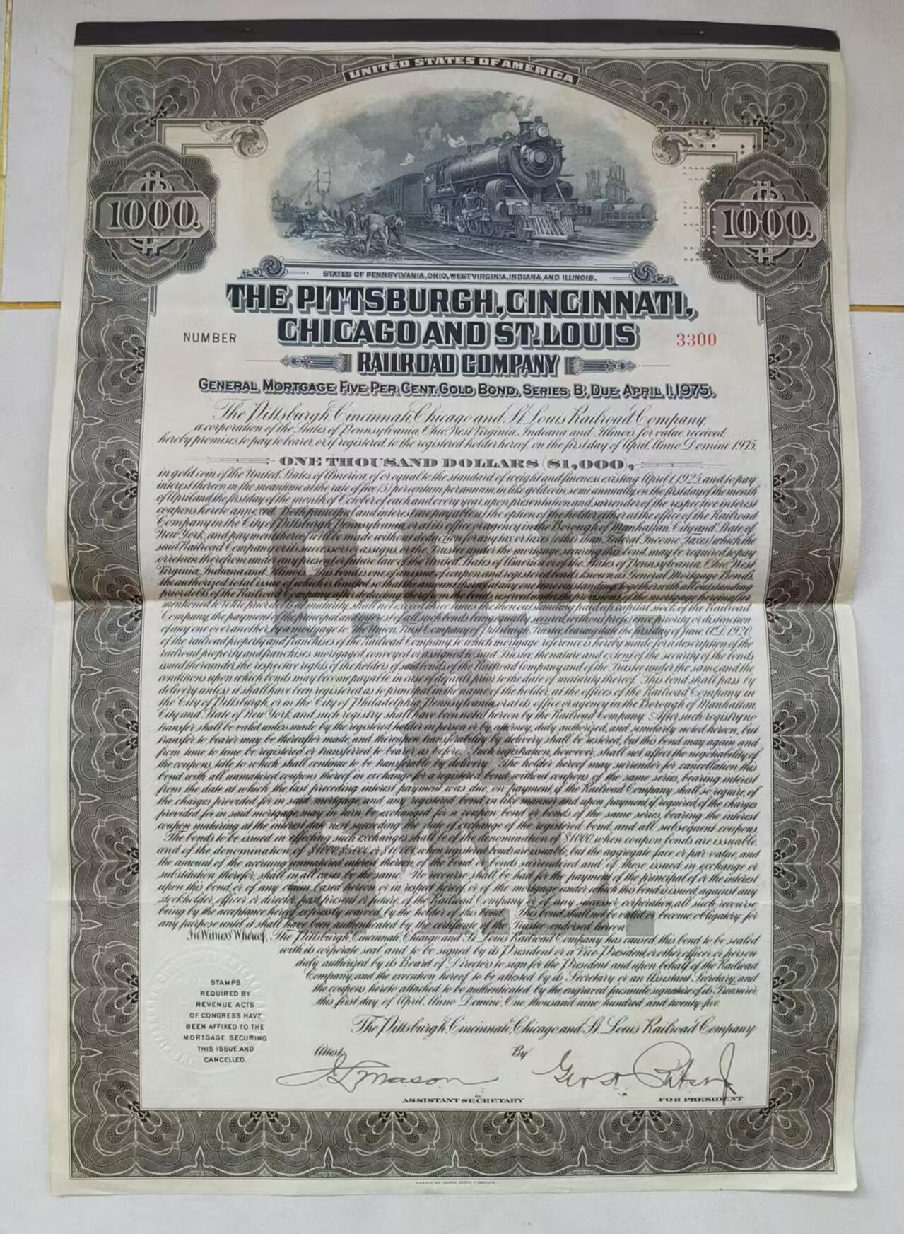 七河·世界钱币杂件水晶矿标小拍（总第29期） 藏家出品 X642 早期美国铁路公司的债券证书 大票幅 本件拍品由合作藏家负责邮寄