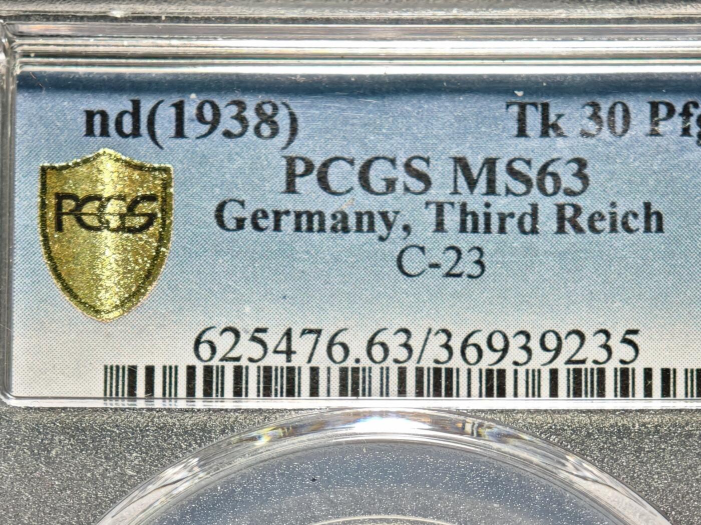 【德藏】世界币章拍卖第155期（拍品征集中~欢迎藏友联系） 1938年 德国民族社会主义工人党党首头像30芬尼代用币铜币 PCGS MS63（原图请查询PCGS评级官网）