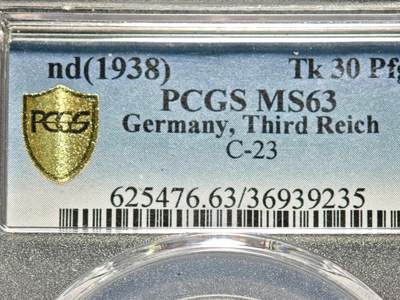 【德藏】世界币章拍卖第155期（拍品征集中~欢迎藏友联系） - 1938年 德国民族社会主义工人党党首头像30芬尼代用币铜币 PCGS MS63（原图请查询PCGS评级官网）