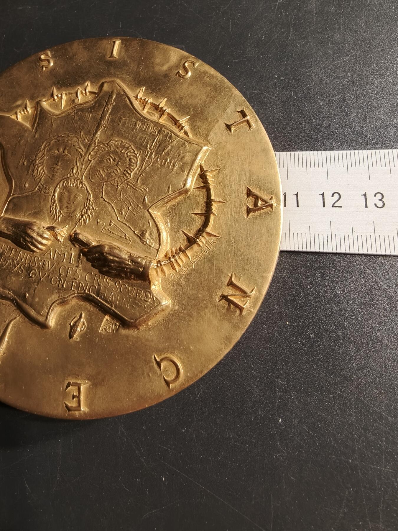 老王徽章第166期 法国二战抵抗运动自由法国全国委员会镀金大铜章    原盒，盒子有损     少见超大尺寸     直径90mm.    重量742.8g