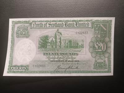 2025十一月第七期，总205期 - 苏格兰北方银行1940年20镑AUNC无47千位号2833，阿伯丁大教堂和银行徽章，极稀有早期战前大票幅大面值品种，已不存在的银行