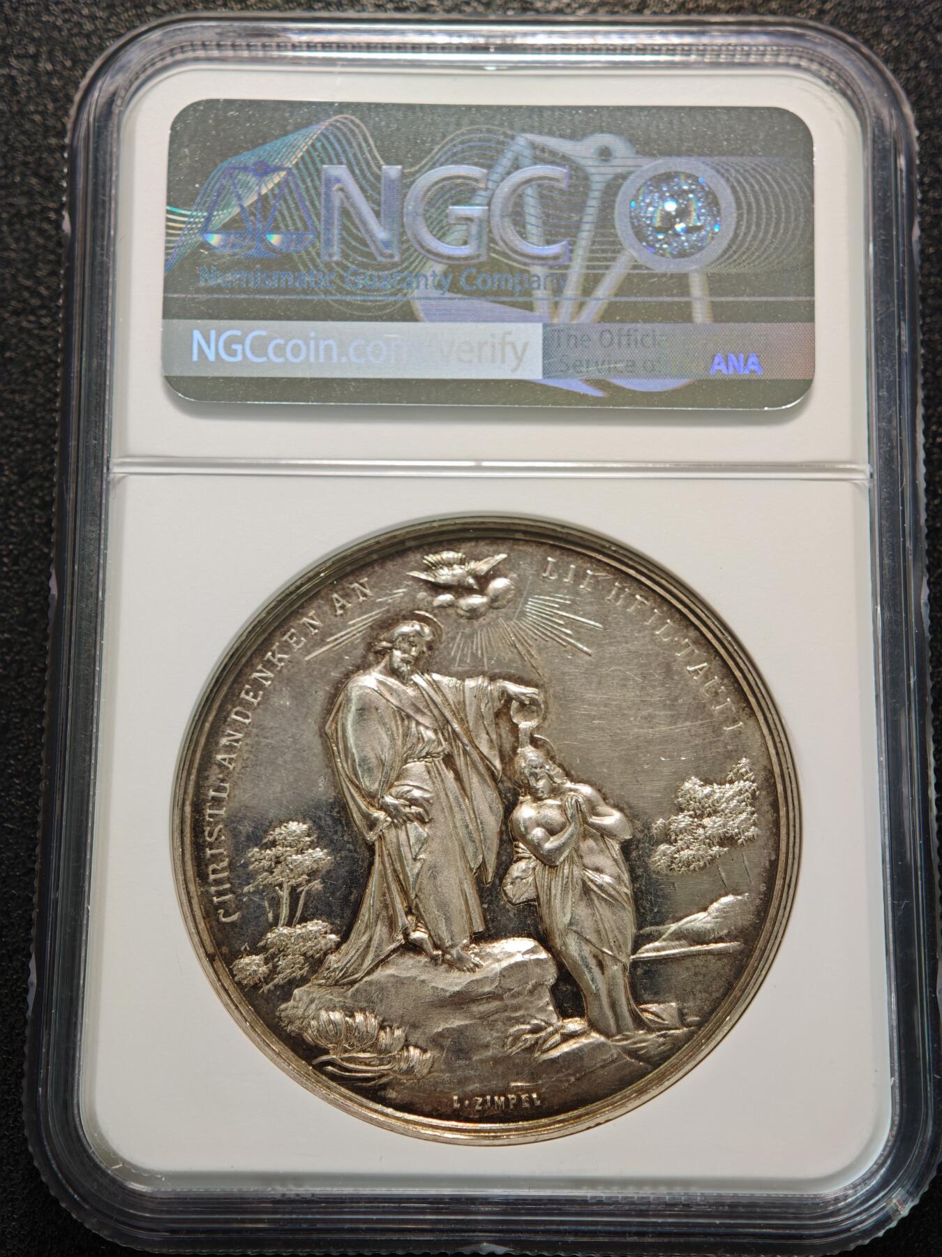【德藏】世界币章拍卖第155期（拍品征集中~欢迎藏友联系） 19世纪 德国宗教洗礼高浮雕纪念银章 NGC MS62 浮雕感极强 人物刻画细致 细节极其丰富