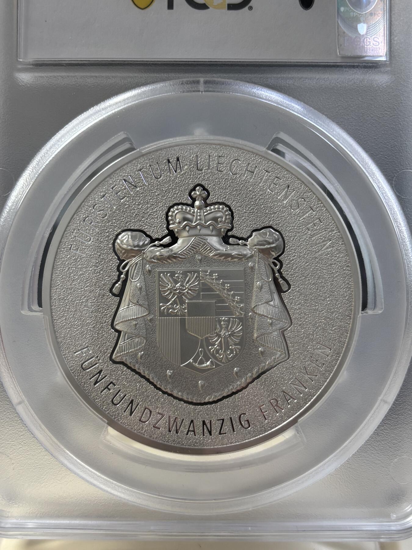 第183期拍卖 列支敦士登2024年莱茵河谷100年瑞士法郎5盎司纪念银币PCGS-SP70无盒无证书，9999银，发行500枚