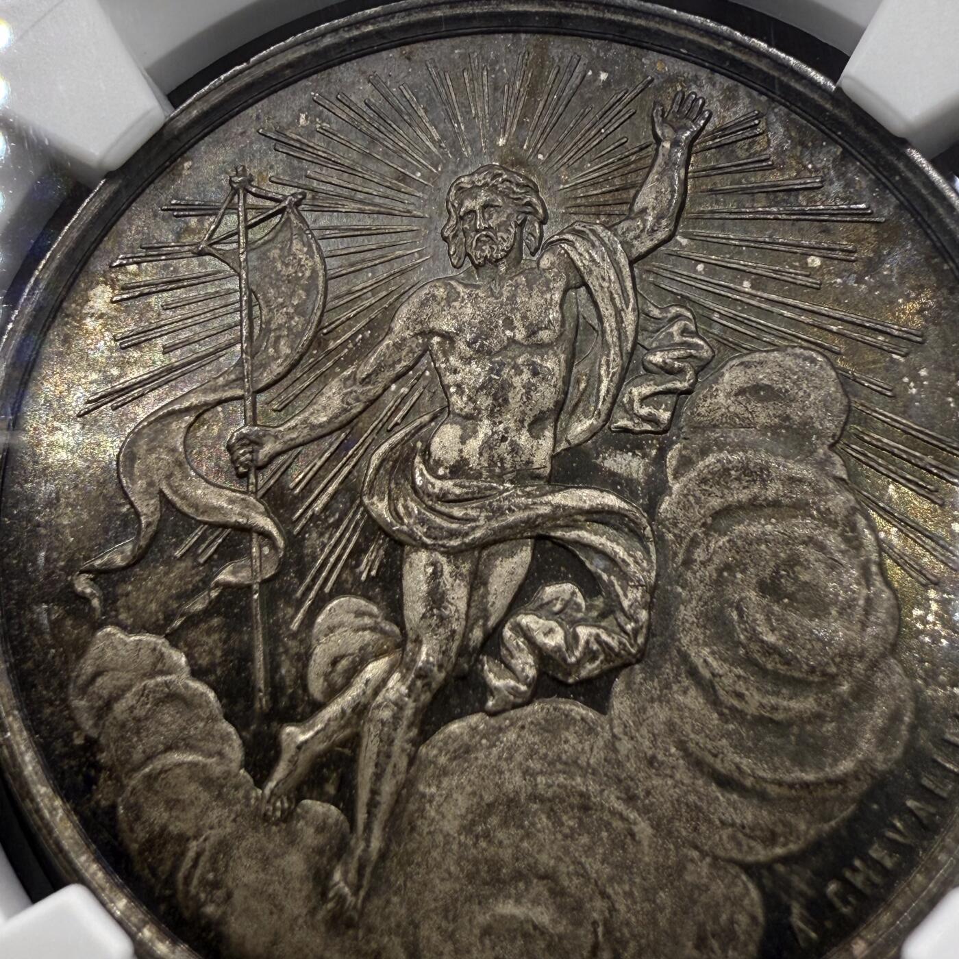 「木头集藏」章牌精品专场！ 1857年法国职业意外保险银章，MS 62 ，直径：32 mm，少见银章。