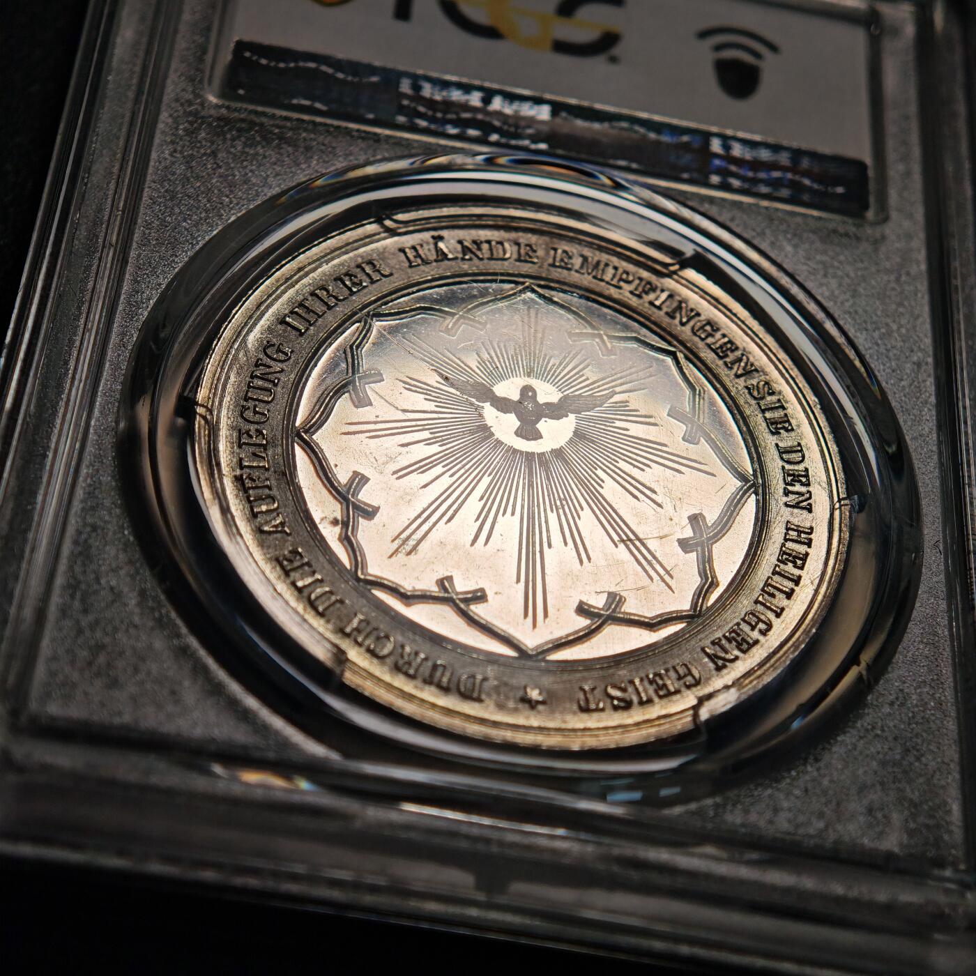 【德藏】世界币章拍卖第155期（拍品征集中~欢迎藏友联系） 1850年 德国宗教洗礼纪念银章 PCGS SP64 镜面感十足 细节极其丰富 唯一季军分 仅2枚更高