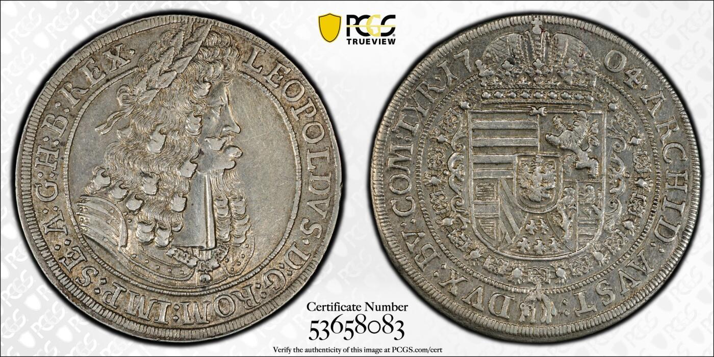 博洋堂世界钱币拍卖第149期（全场包邮） PCGS AU55 神圣罗马帝国哈布斯堡王朝1704/3年利奥波德一世猪嘴泰勒大银币，打制深峻，少见骑字年