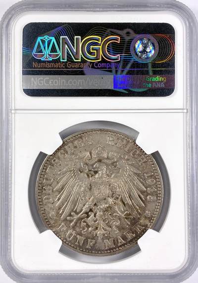 [评级德国] Germany 德国 帝国 符腾堡 5马克 威廉二世 1913年  NGC-AU58