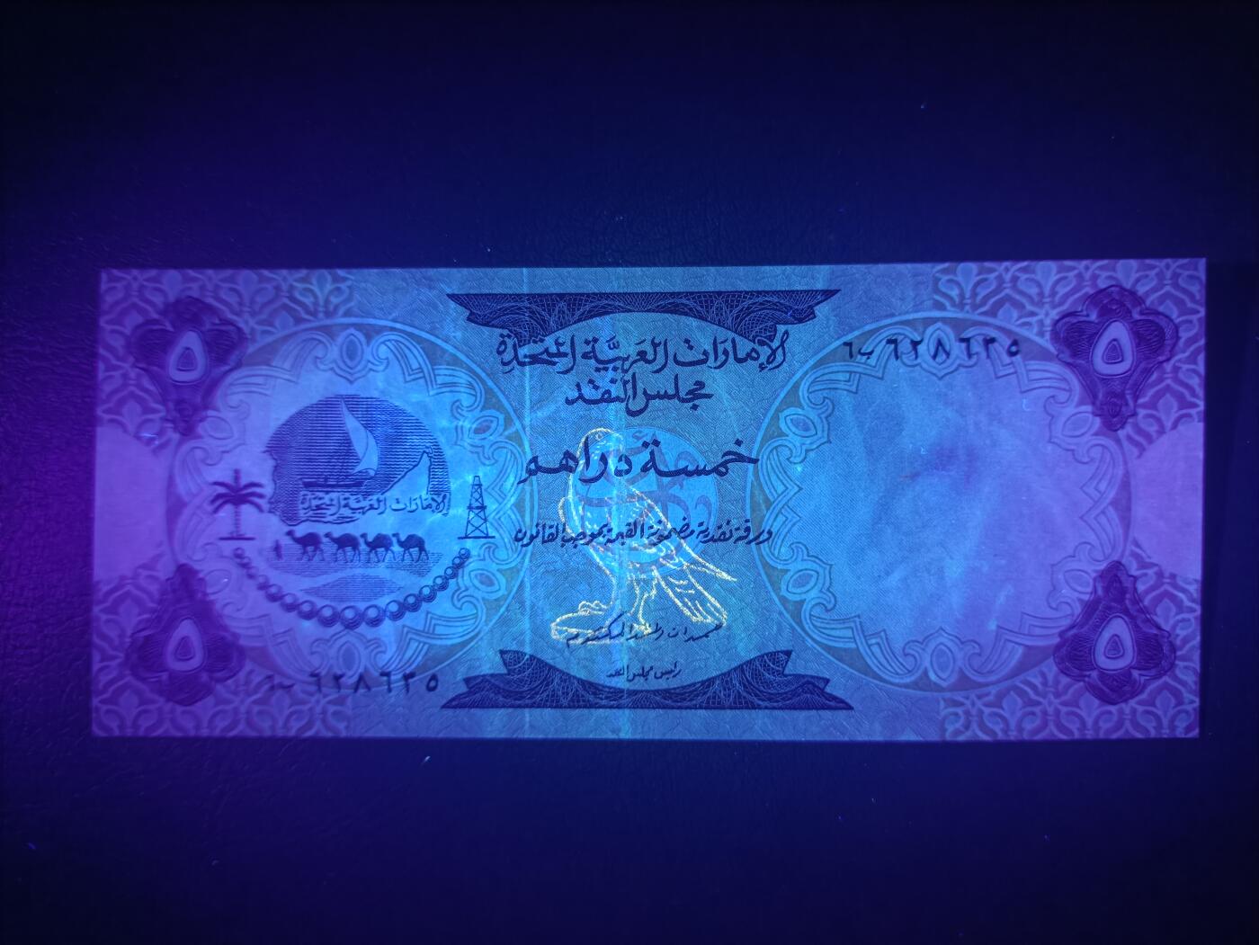 2025十一月第七期，总205期 阿联酋1973版5迪拉姆AUNC，国徽和哈伊马角的碉堡遗址，少见独立后首版