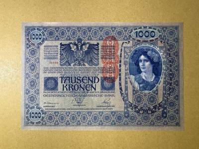 《艾美收藏》第222期-11.30周日外币畅拍 - 奥匈帝国1000克朗 UNC 1919年 百年历史大票幅 茜茜公主