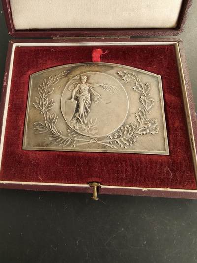 老王徽章第166期 - 法国新艺术玛丽安娜方形镀银大铜章     原盒     尺寸80×58mm.    重量106.2g