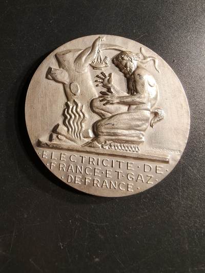 老王徽章第166期 - 法国电气公司镀银大铜章    大师Dropsy作品     直径54mm.    重量71.4g