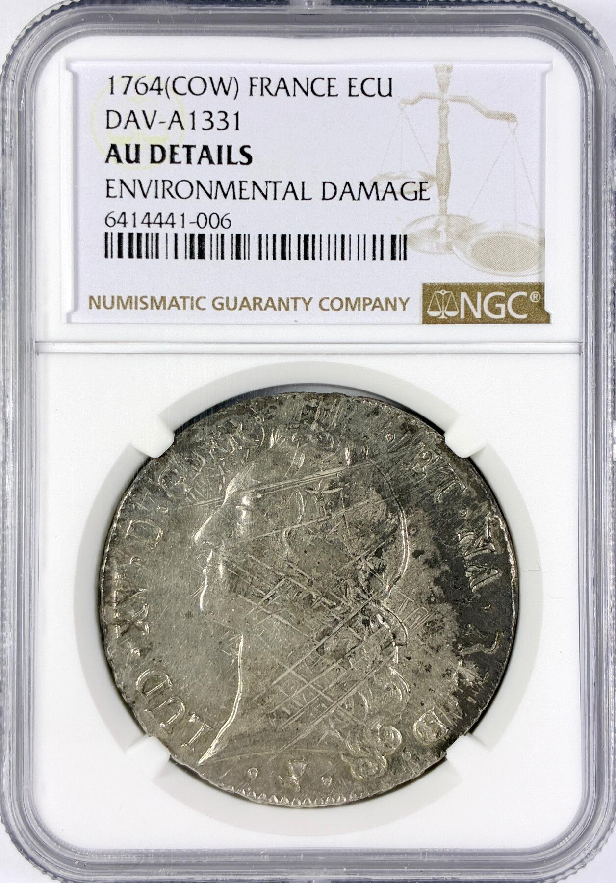 【雨安】【直播拍卖】【世界币章117期-评级币】2025-11-29 周六 19:30 保真 [评级法国] France 法国 1埃居 KM#0512 (1740-1772) 路易十五 中年版 1764年  NGC-AU