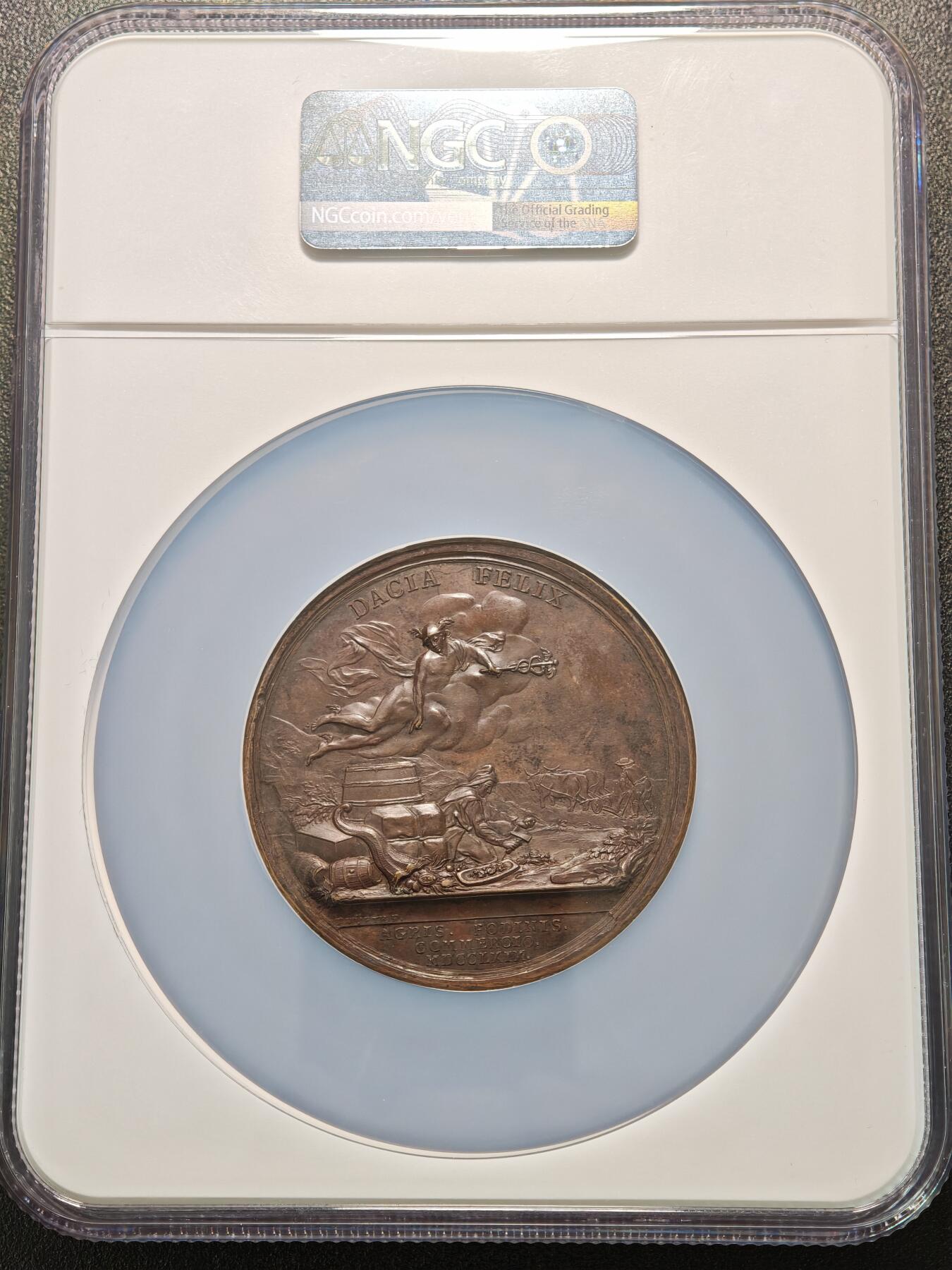 【德藏】世界币章拍卖第155期（拍品征集中~欢迎藏友联系） 1769年 匈牙利改善特兰西瓦尼亚的农业、采矿和贸易57mm纪念高浮雕大铜章 NGC MS61BN 包浆温润 人物刻画传神